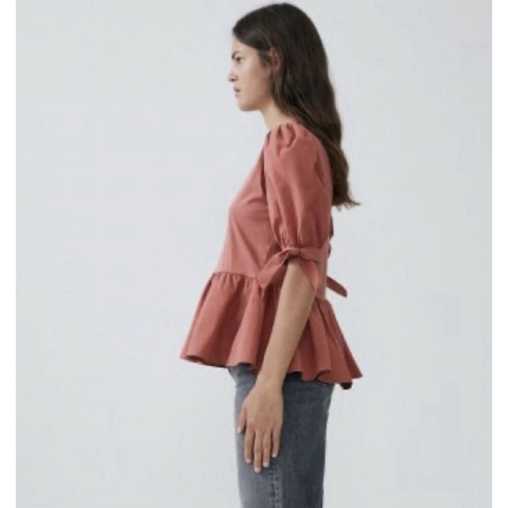Zara Pink Bell Sleeve Tie Peplum Blouse 100% Cotton Women's Size Medium EUC - Picture 3 of 13
